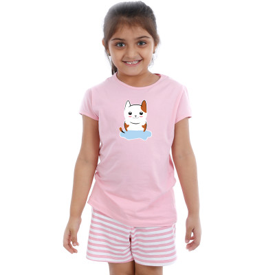 Pink Half sleeve Girls Pyjama- Kitty